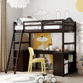 Cama alta individual de madera con escritorio, 2 cajones, armario, 4 estantes, barandilla de seguridad de longitud completa
