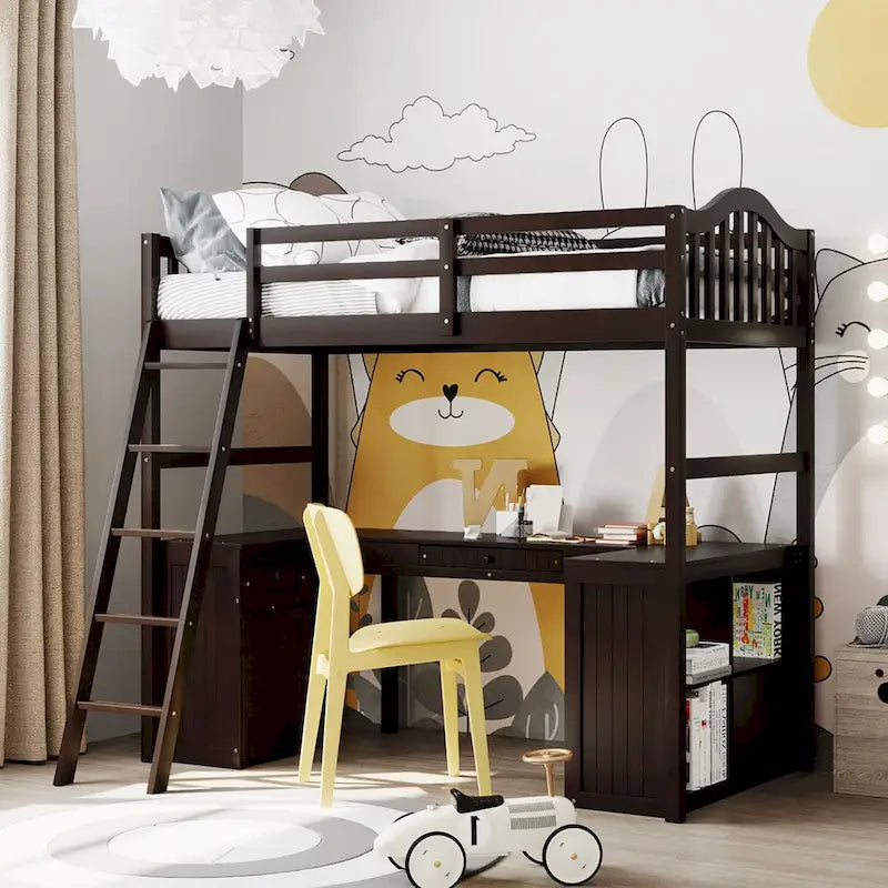Cama alta individual de madera con escritorio, 2 cajones, armario, 4 estantes, barandilla de seguridad de longitud completa