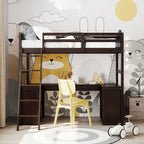 Cama alta individual de madera con escritorio, 2 cajones, armario, 4 estantes, barandilla de seguridad de longitud completa