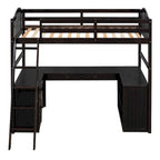 Cama alta individual de madera con escritorio, 2 cajones, armario, 4 estantes, barandilla de seguridad de longitud completa