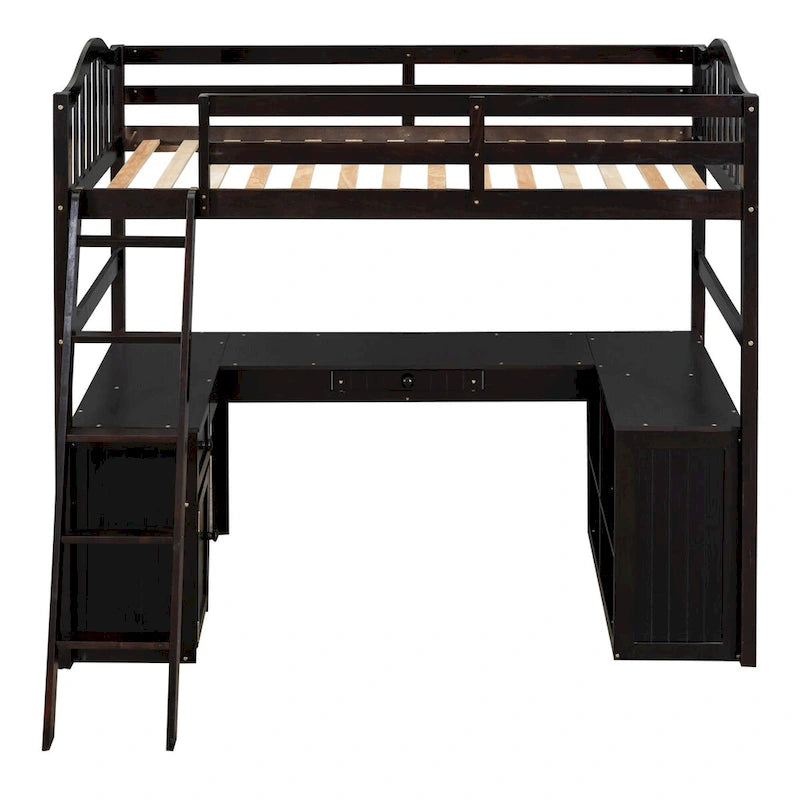 Cama alta individual de madera con escritorio, 2 cajones, armario, 4 estantes, barandilla de seguridad de longitud completa