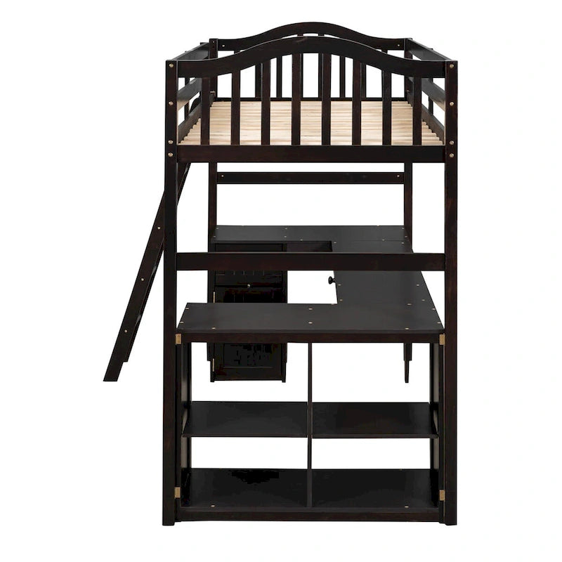 Cama alta individual de madera con escritorio, 2 cajones, armario, 4 estantes, barandilla de seguridad de longitud completa