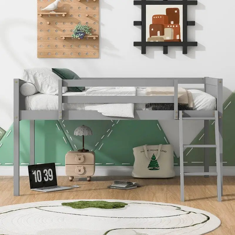 Cama alta baja de madera de tamaño completo con escalera, la escalera se puede colocar a la izquierda o a la derecha