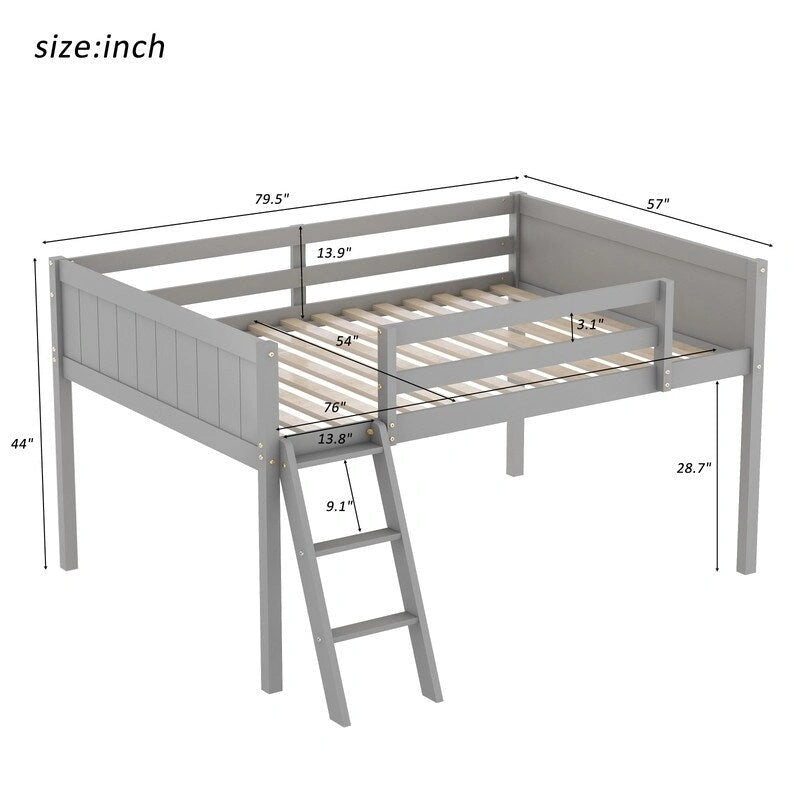 Cama alta baja de madera de tamaño completo con escalera, la escalera se puede colocar a la izquierda o a la derecha
