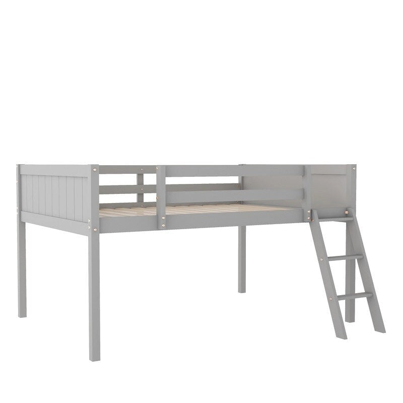Cama alta baja de madera de tamaño completo con escalera, la escalera se puede colocar a la izquierda o a la derecha