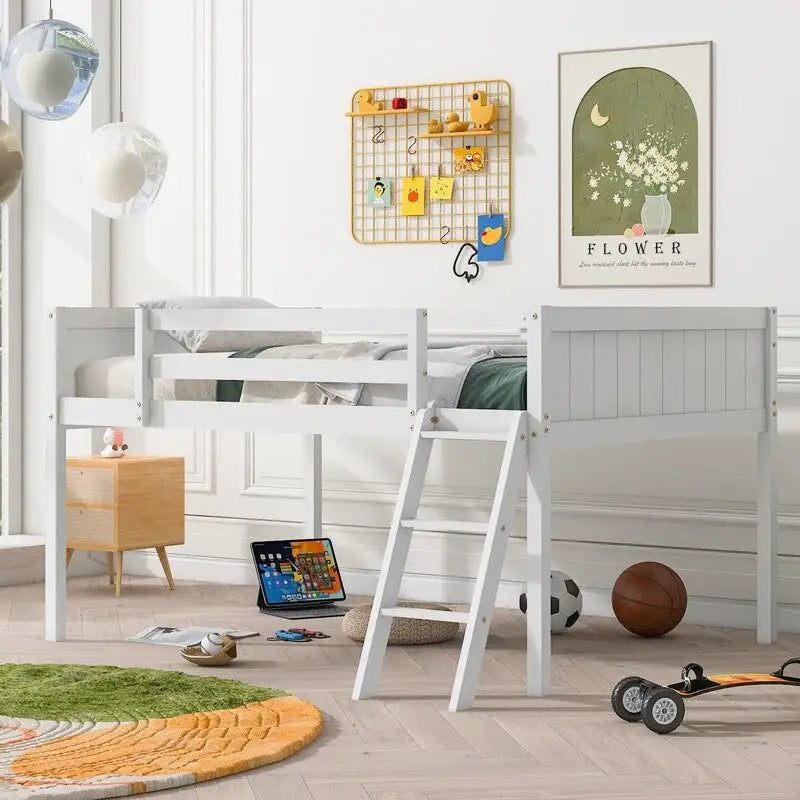 Cama alta baja de madera de tamaño completo con escalera, la escalera se puede colocar a la izquierda o a la derecha