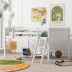 Cama alta baja de madera de tamaño completo con escalera, la escalera se puede colocar a la izquierda o a la derecha