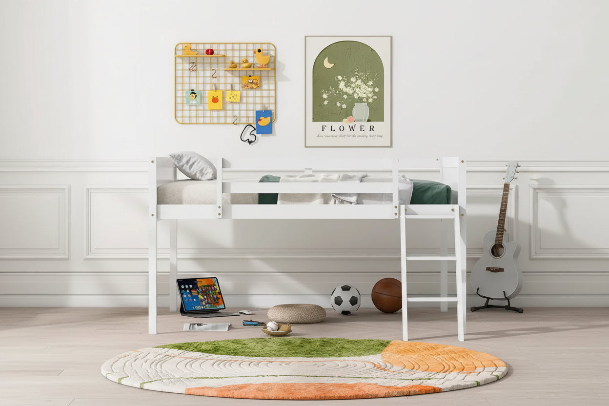 Cama alta baja de madera de tamaño completo con escalera, la escalera se puede colocar a la izquierda o a la derecha