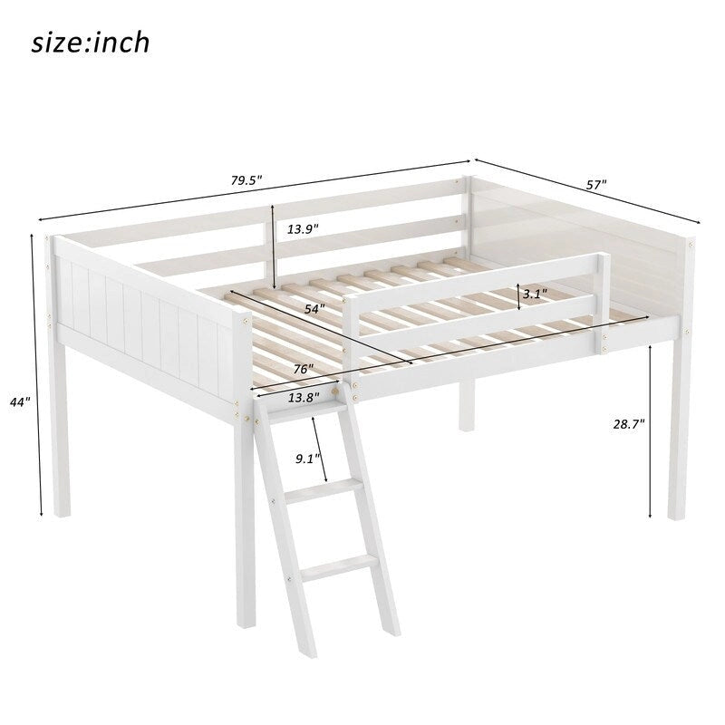 Cama alta baja de madera de tamaño completo con escalera, la escalera se puede colocar a la izquierda o a la derecha