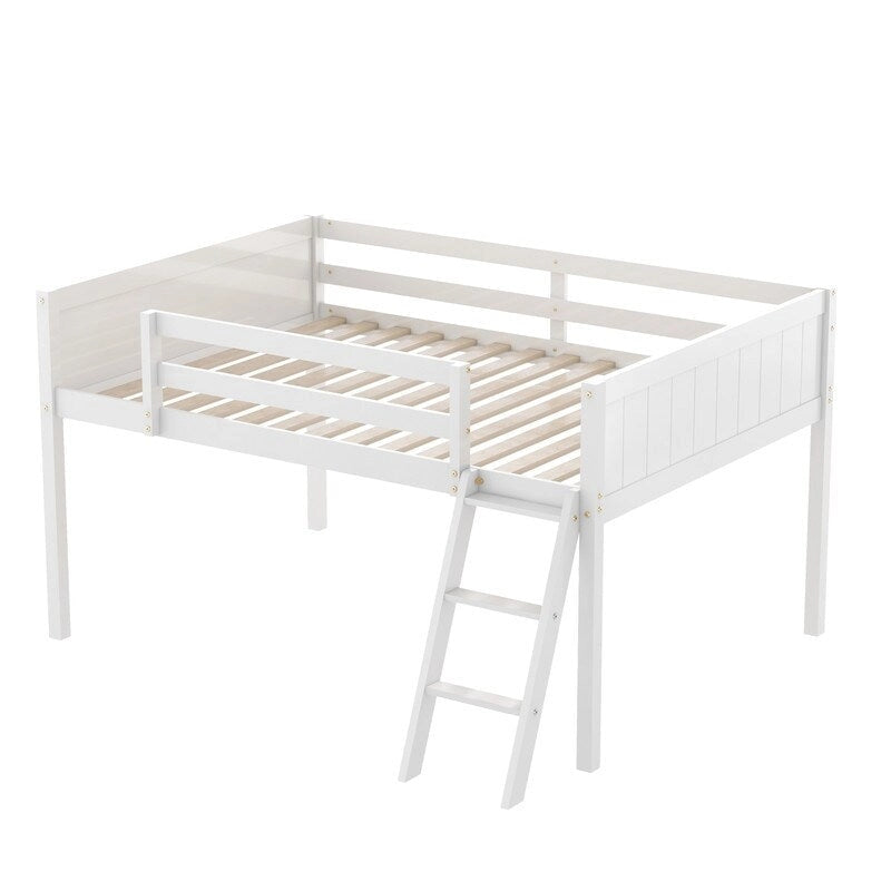 Cama alta baja de madera de tamaño completo con escalera, la escalera se puede colocar a la izquierda o a la derecha