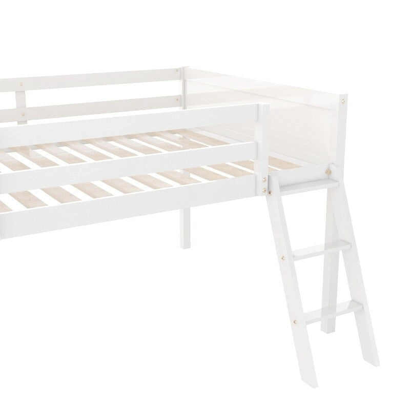 Cama alta baja de madera de tamaño completo con escalera, la escalera se puede colocar a la izquierda o a la derecha