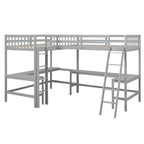 Twin Size Wood L-Shaped Loft Bed with Ladder and 2 Built-in Desks