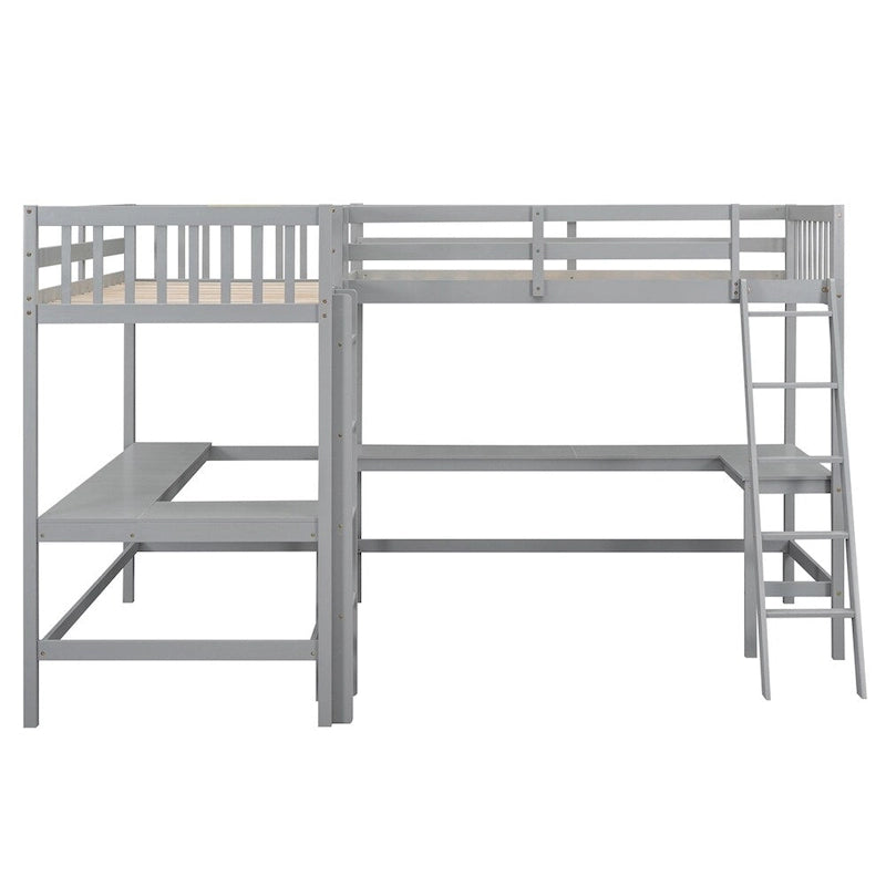 Cama alta de madera en forma de L de tamaño doble con escalera y 2 escritorios incorporados
