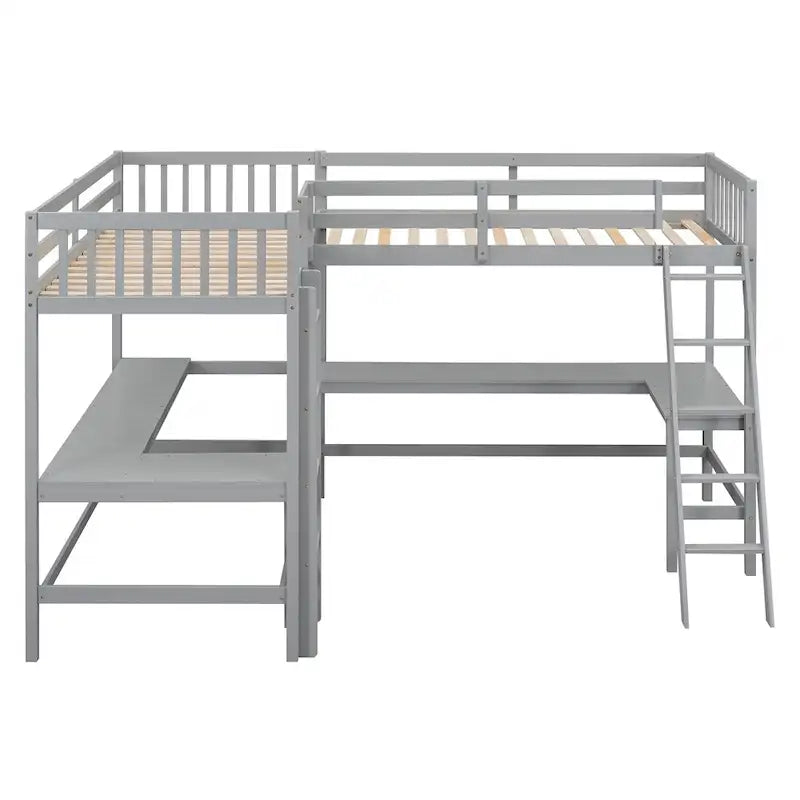 Cama alta de madera en forma de L de tamaño doble con escalera y 2 escritorios incorporados