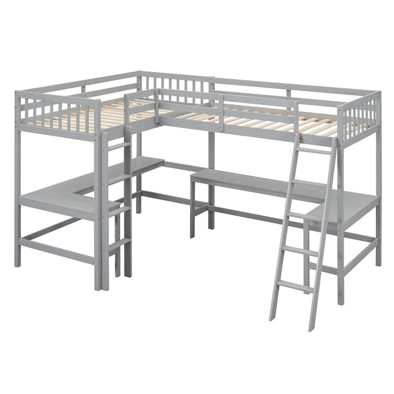 Cama alta de madera en forma de L de tamaño doble con escalera y 2 escritorios incorporados