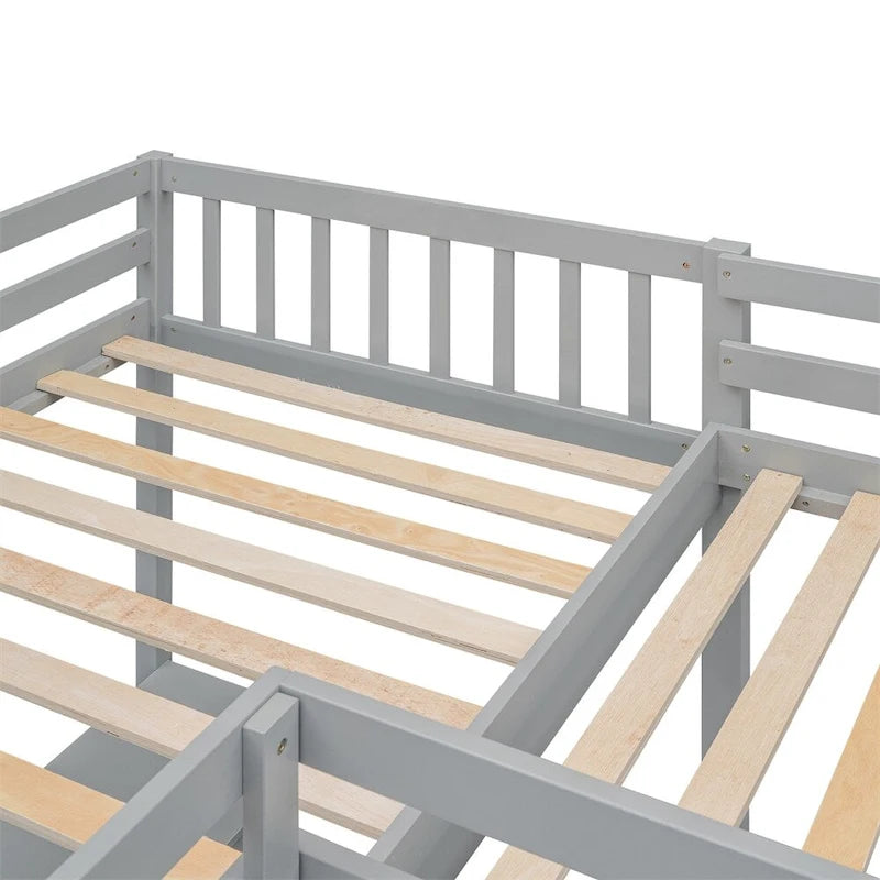 Cama alta de madera en forma de L de tamaño doble con escalera y 2 escritorios incorporados