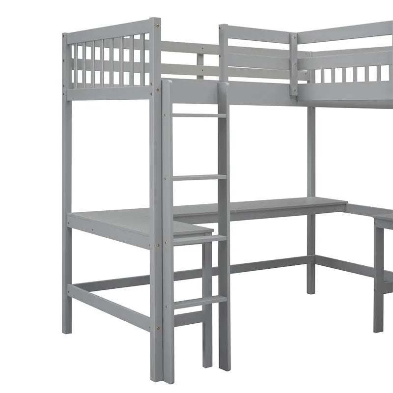 Cama alta de madera en forma de L de tamaño doble con escalera y 2 escritorios incorporados