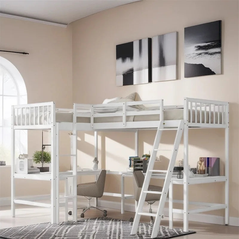 Cama alta de madera en forma de L de tamaño doble con escalera y 2 escritorios incorporados