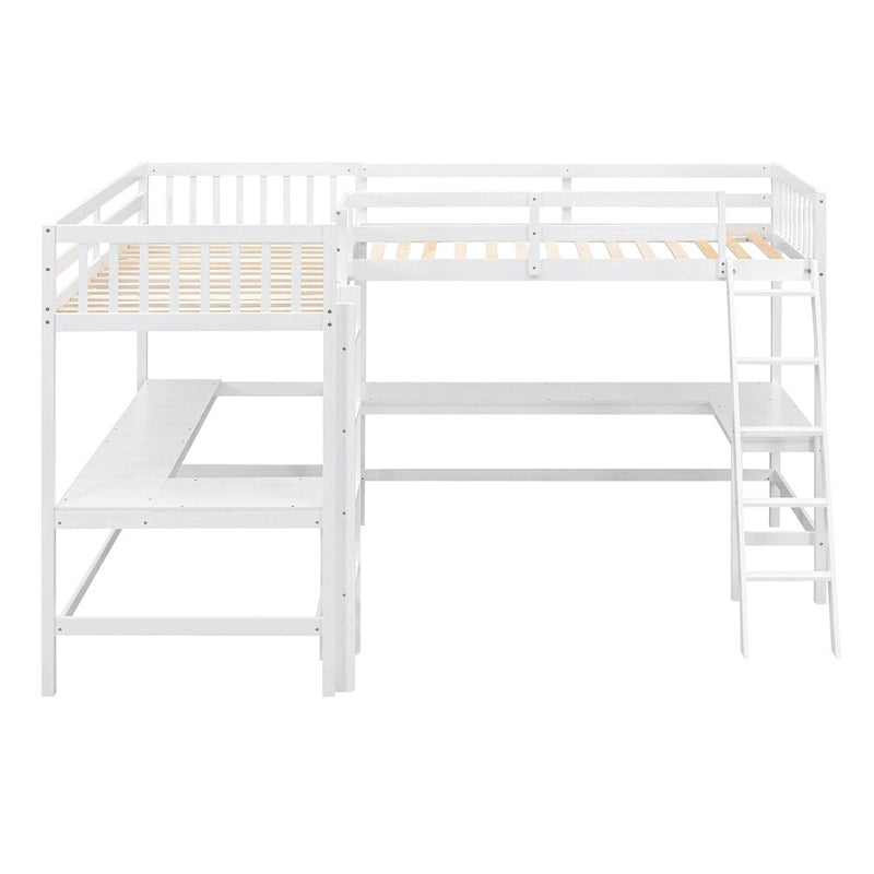 Cama alta de madera en forma de L de tamaño doble con escalera y 2 escritorios incorporados