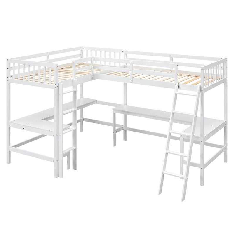 Cama alta de madera en forma de L de tamaño doble con escalera y 2 escritorios incorporados