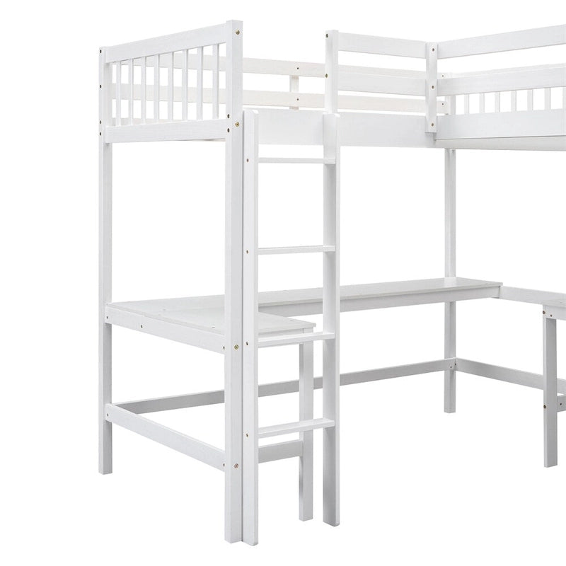 Cama alta de madera en forma de L de tamaño doble con escalera y 2 escritorios incorporados