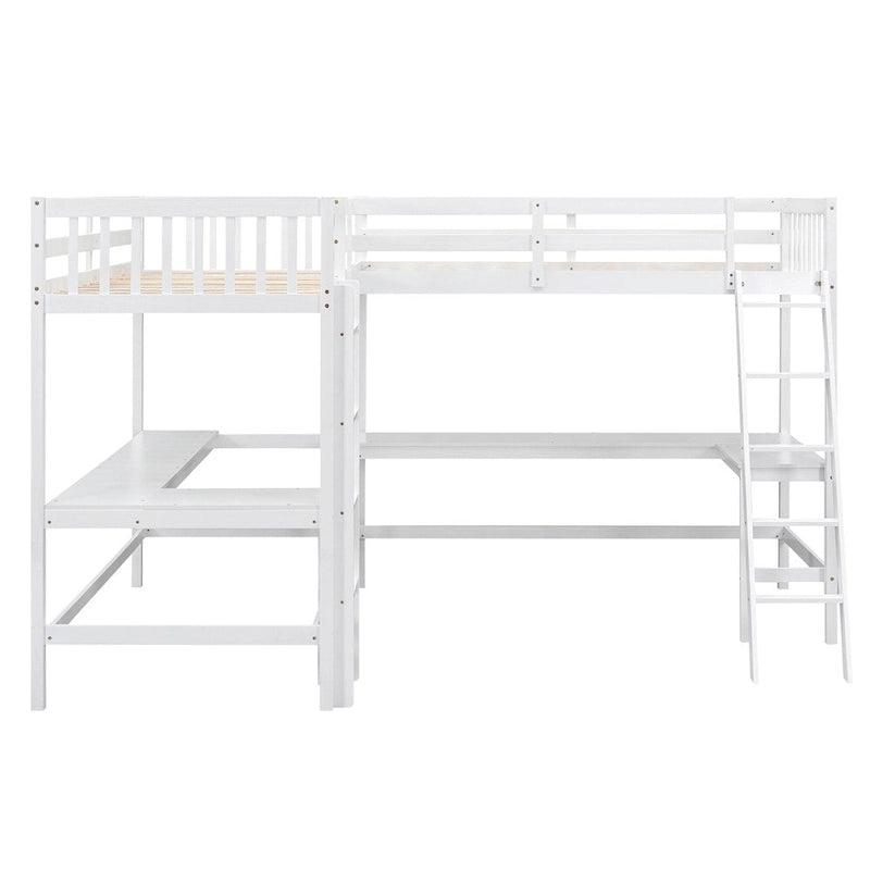 Cama alta de madera en forma de L de tamaño doble con escalera y 2 escritorios incorporados