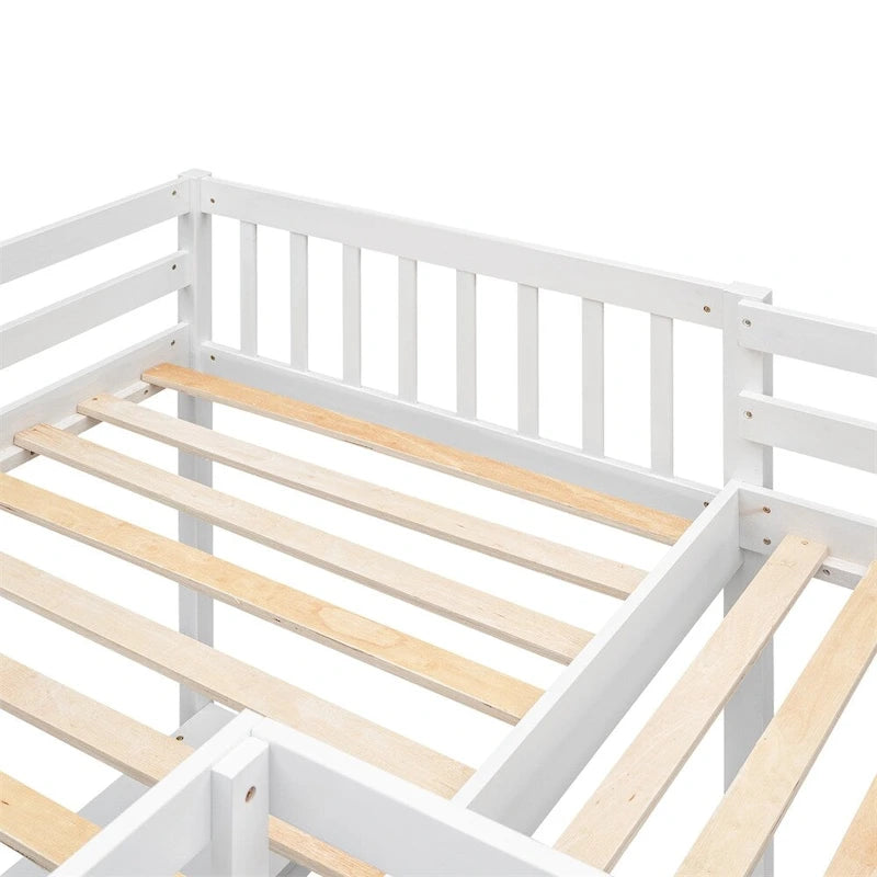 Cama alta de madera en forma de L de tamaño doble con escalera y 2 escritorios incorporados