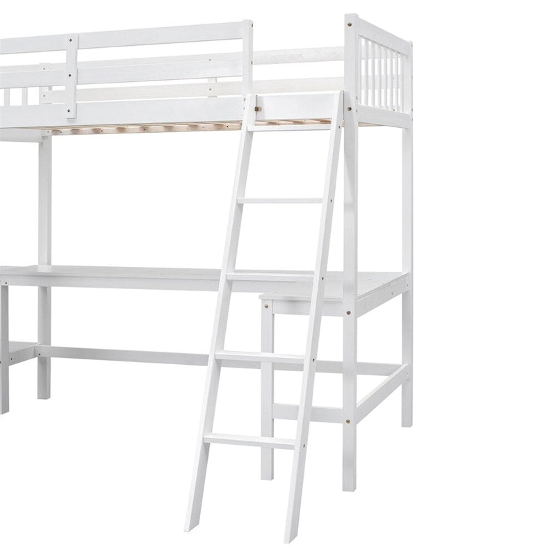 Cama alta de madera en forma de L de tamaño doble con escalera y 2 escritorios incorporados