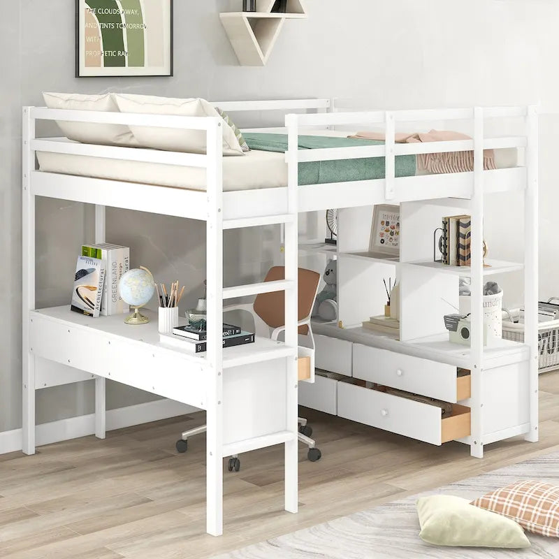 Cama alta con escritorio integrado, estantes de almacenamiento y cajones