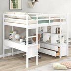 Cama alta con escritorio integrado, estantes de almacenamiento y cajones