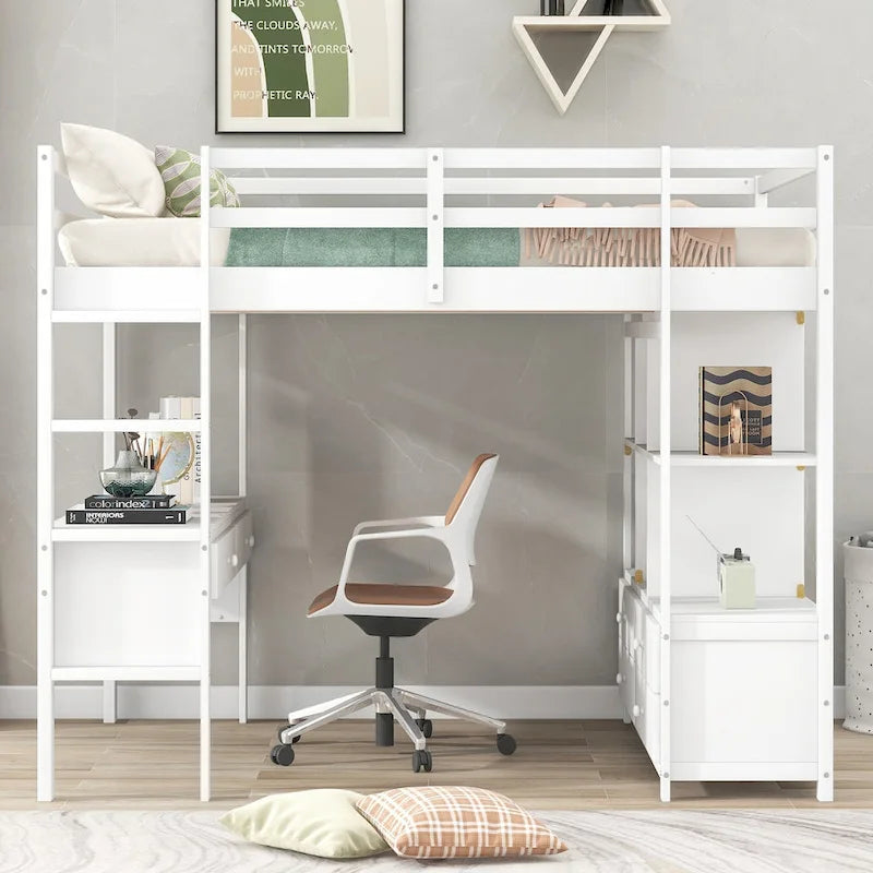 Cama alta con escritorio integrado, estantes de almacenamiento y cajones