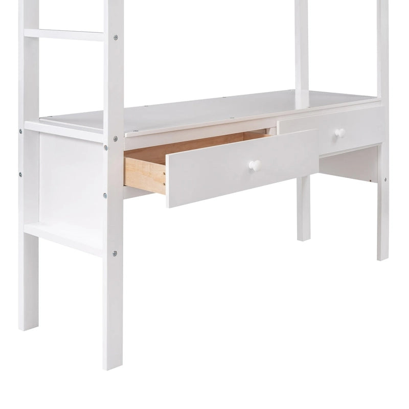 Cama alta con escritorio integrado, estantes de almacenamiento y cajones