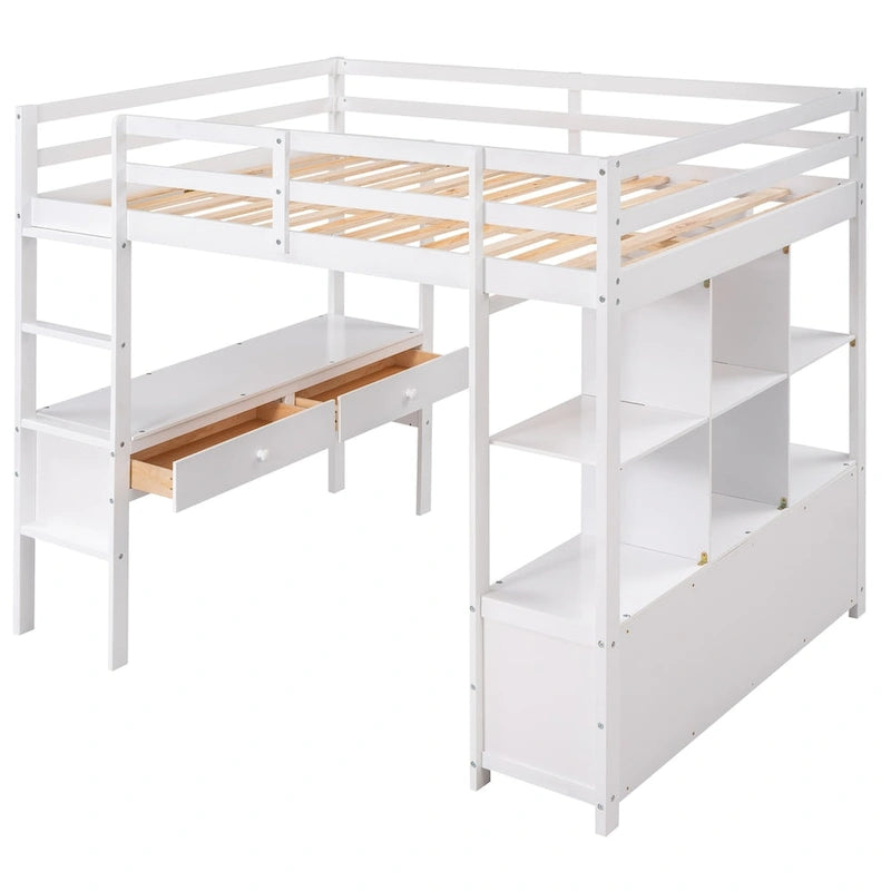 Cama alta con escritorio integrado, estantes de almacenamiento y cajones