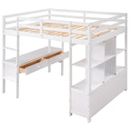 Cama alta con escritorio integrado, estantes de almacenamiento y cajones