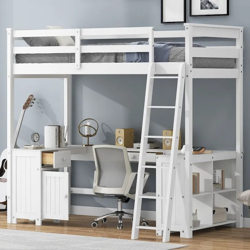 Cama alta individual con escritorio en forma de U, cajones y estantes de almacenamiento