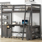 Cama alta individual con escritorio en forma de U, cajones y estantes de almacenamiento