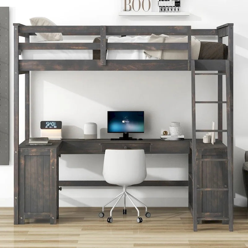 Cama alta individual con escritorio en forma de U, cajones y estantes de almacenamiento