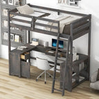Cama alta individual con escritorio en forma de U, cajones y estantes de almacenamiento