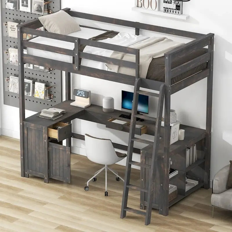 Cama alta individual con escritorio en forma de U, cajones y estantes de almacenamiento