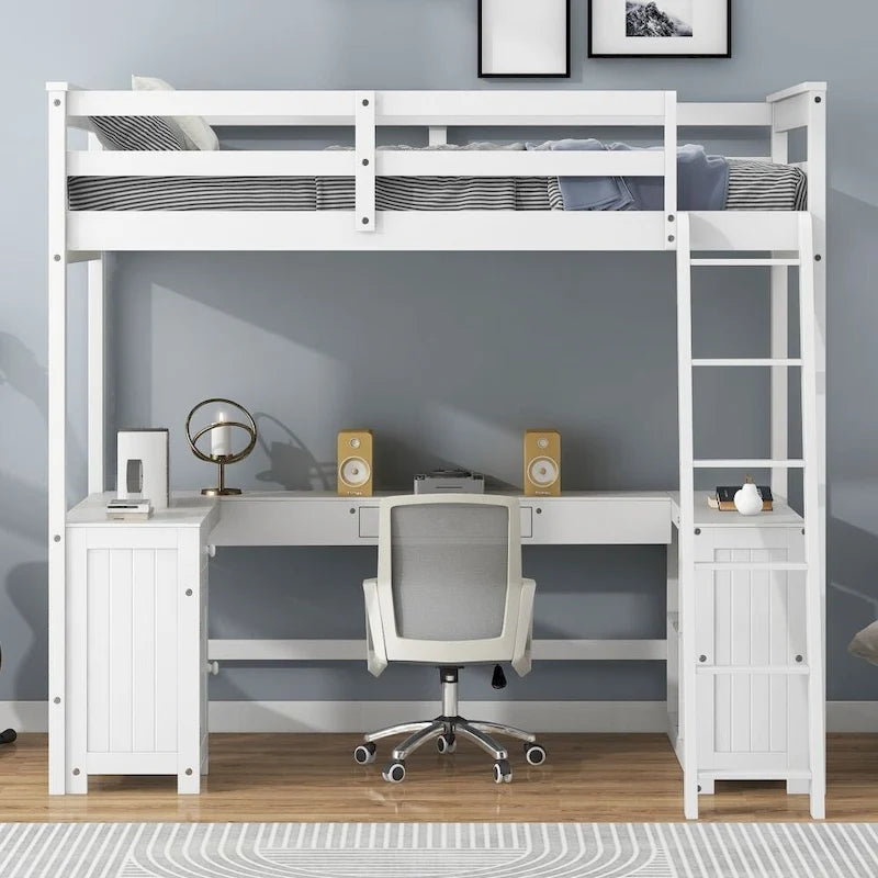 Cama alta individual con escritorio en forma de U, cajones y estantes de almacenamiento