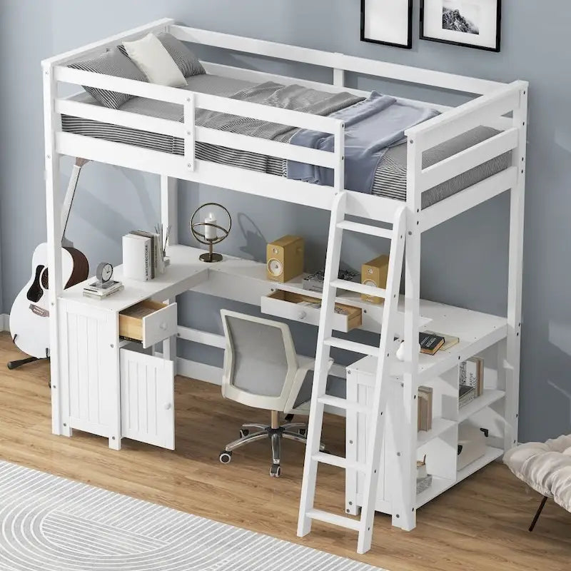 Cama alta individual con escritorio en forma de U, cajones y estantes de almacenamiento