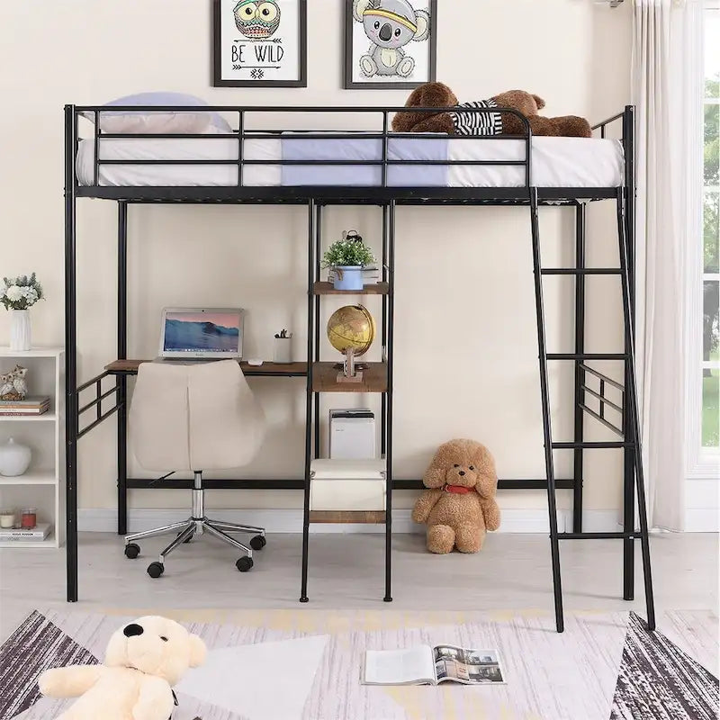 Cama alta de metal individual con escritorio y estantes incorporados