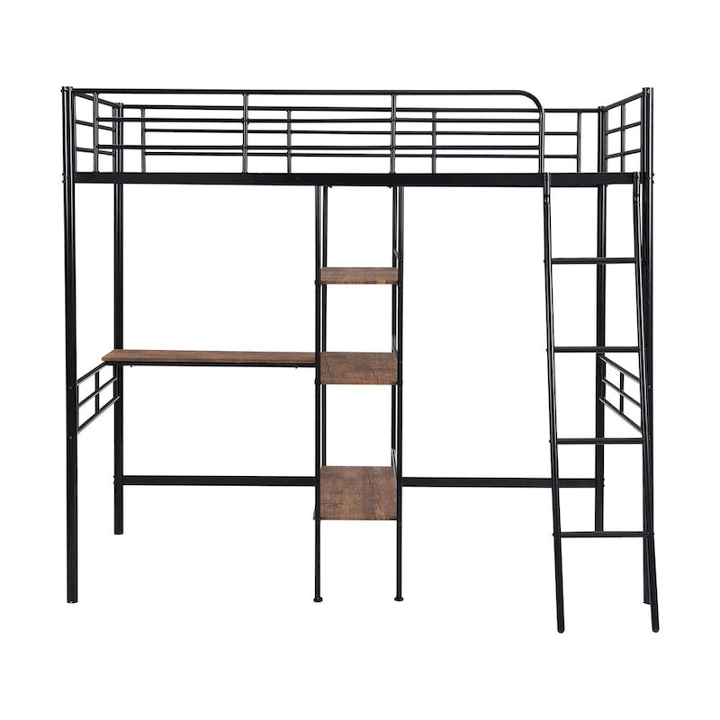Cama alta de metal individual con escritorio y estantes incorporados