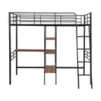 Cama alta de metal individual con escritorio y estantes incorporados