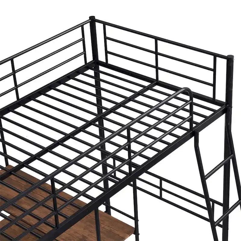 Cama alta de metal individual con escritorio y estantes incorporados