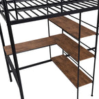 Cama alta de metal individual con escritorio y estantes incorporados