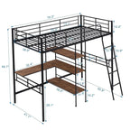 Cama alta de metal individual con escritorio y estantes incorporados