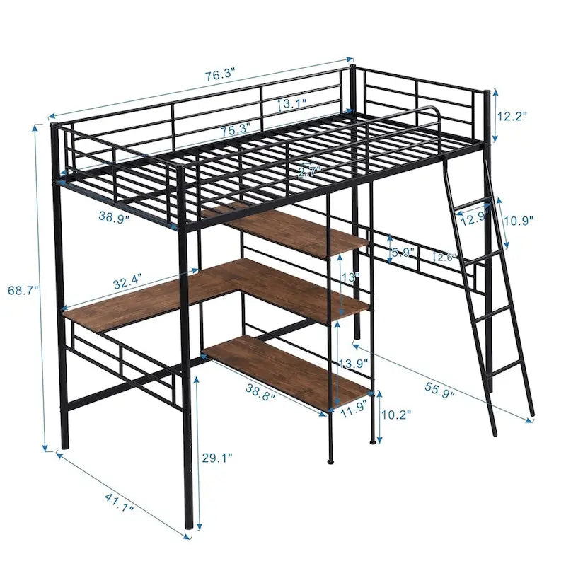 Cama alta de metal individual con escritorio y estantes incorporados