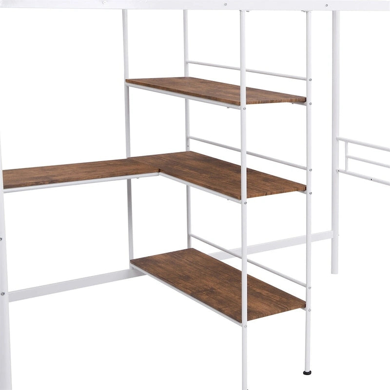 Cama alta de metal individual con escritorio y estantes incorporados