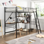 Cama alta de metal individual con escritorio y estantes incorporados